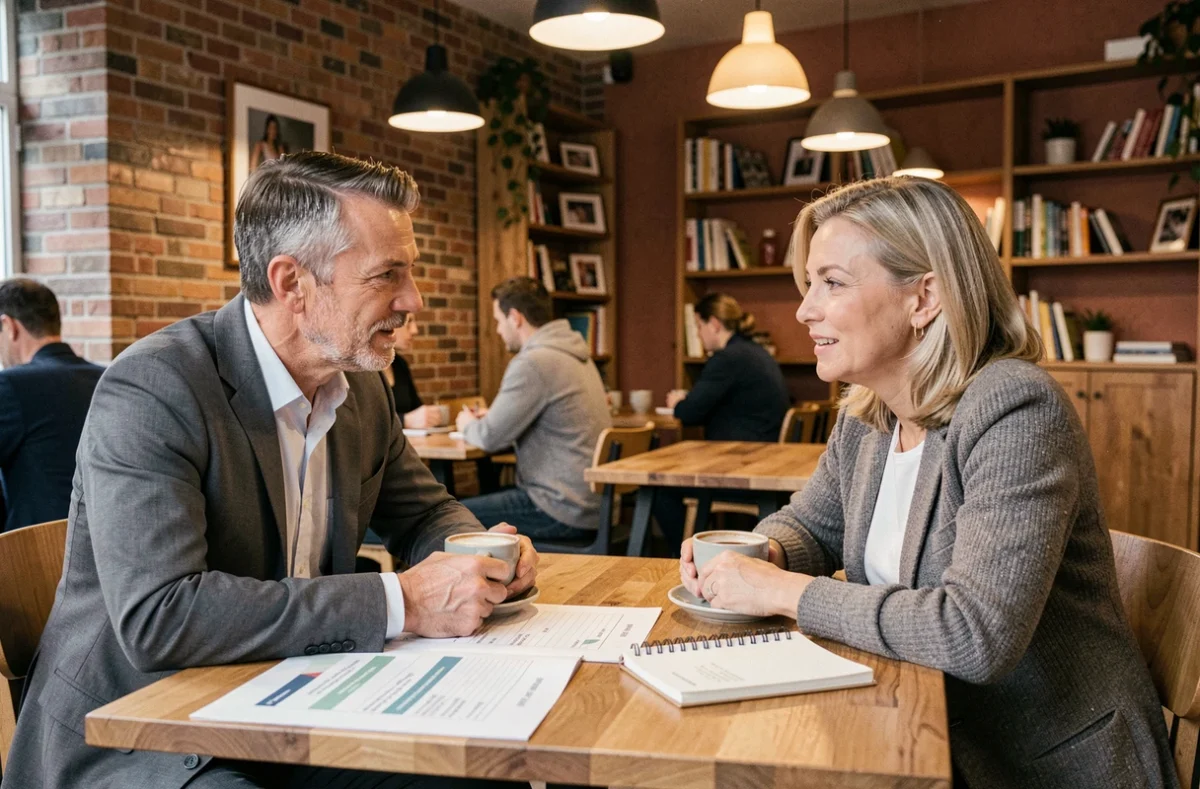 Deux formateurs discutant des grilles de rémunération autour d'un café dans un espace de coworking
