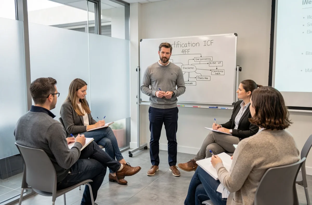 Formateur coach certifié animant une session de formation à la certification coaching reconnue par l'État