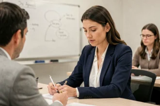 Femme adulte prenant des notes lors d'une formation courte professionnelle en salle de classe moderne