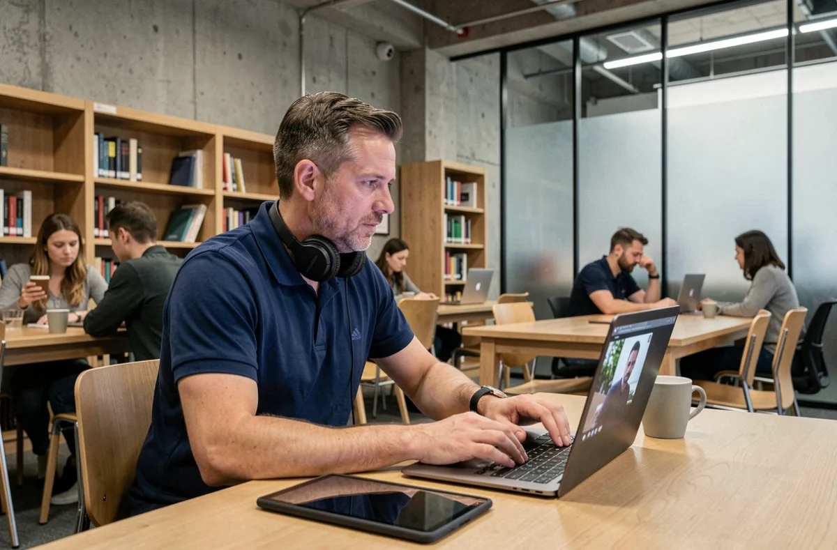 Homme adulte en reconversion professionnelle suivant une formation à distance dans une bibliothèque moderne