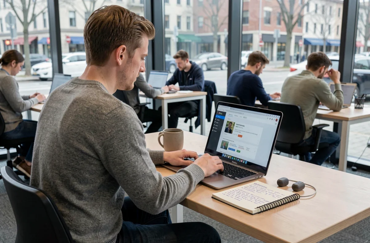 Jeune professionnel suivant une formation en ligne sur son ordinateur dans un espace de coworking moderne