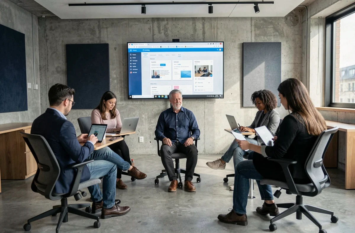 Équipe de professionnels en séance de formation hybride dans une salle de réunion moderne équipée d'écrans numériques