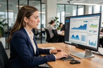 Femme professionnelle suivant une formation aux outils numériques sur ordinateur dans un bureau moderne