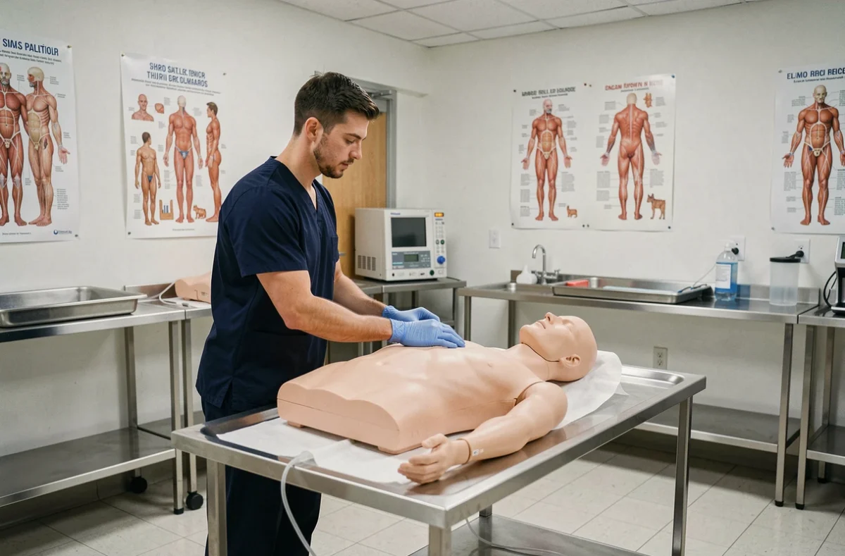 Étudiant paramédical en formation pratique sur mannequin de simulation clinique dans un laboratoire universitaire