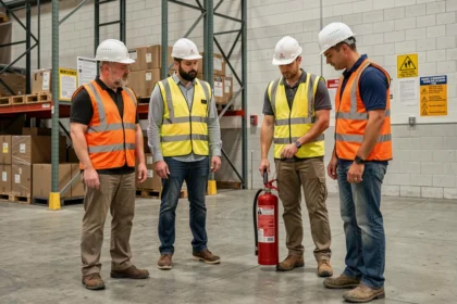 Groupe d'employés en formation sécurité incendie dans un entrepôt industriel avec un formateur démontrant l'utilisation d'un extincteur