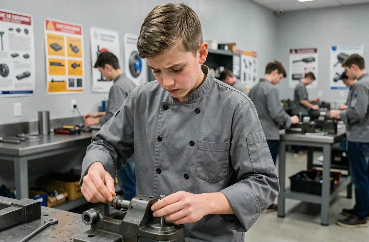 Adolescent en formation professionnelle assemblant une pièce mécanique dans un atelier scolaire