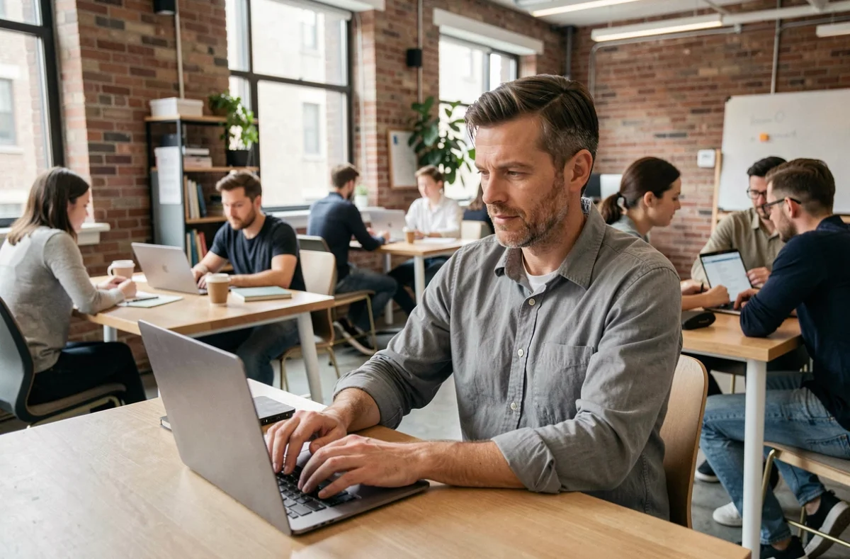 Homme en formation professionnelle courte sur ordinateur portable dans un espace de coworking moderne