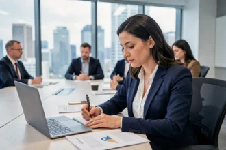 Femme professionnelle prenant des notes lors d'une formation en entreprise dans une salle de réunion moderne