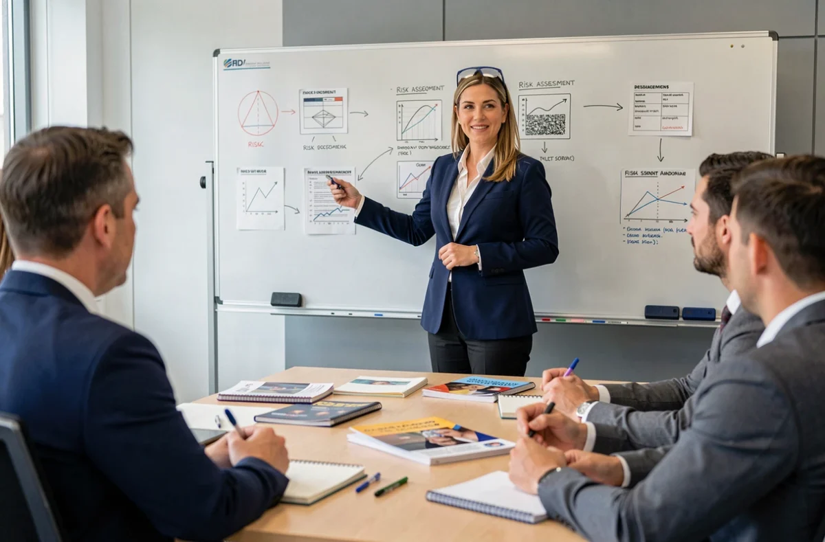 Formatrice présentant des diagrammes d'évaluation des risques professionnels à des employés dans une salle de formation moderne
