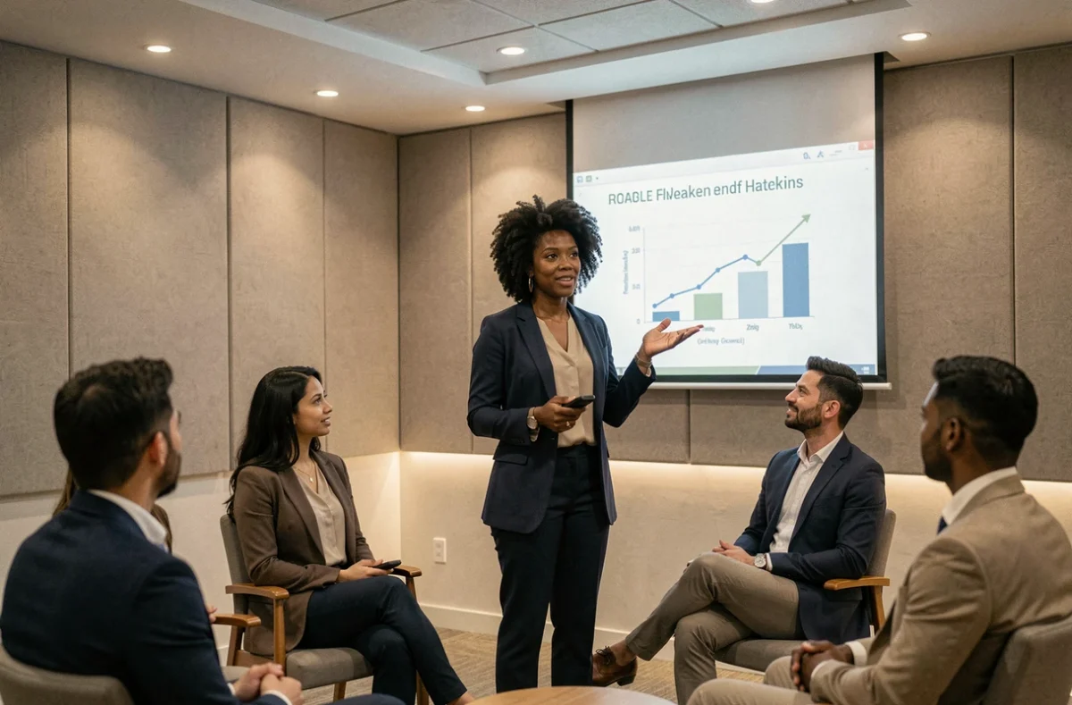 Femme professionnelle présentant un programme de formation à son équipe dans une salle de séminaire d'entreprise