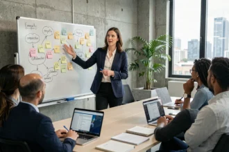 Formatrice expliquant les soft skills à un groupe d'adultes dans une salle de formation moderne avec tableau blanc et post-its