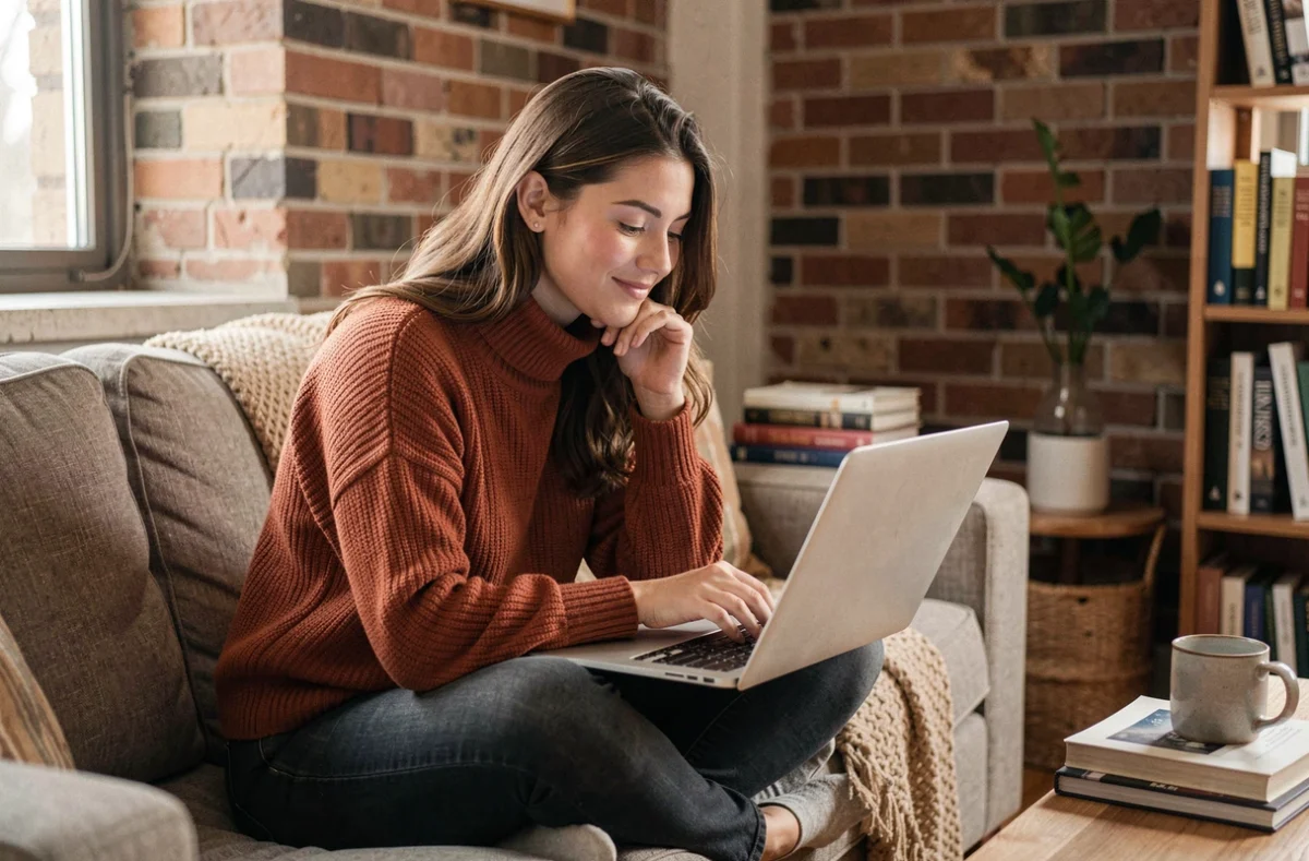 Jeune femme freelance travaillant sur une phrase d'accroche depuis son canapé à domicile