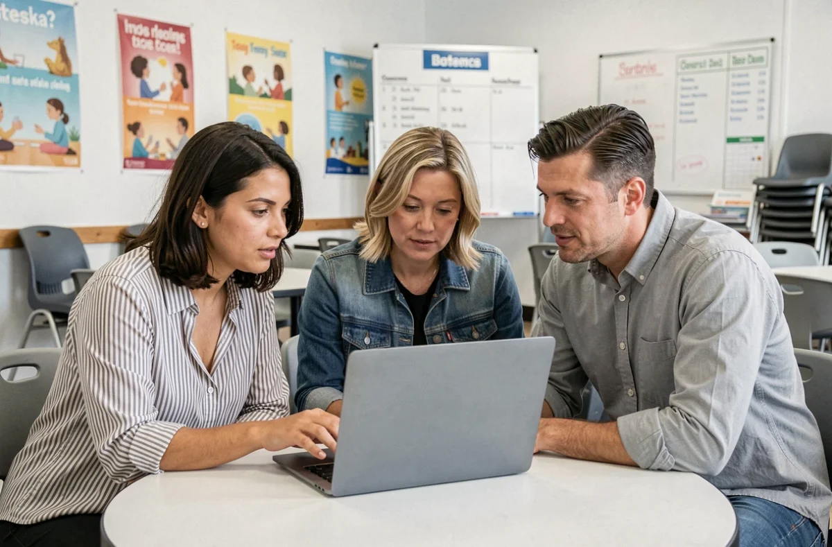 Un groupe d'adultes en formation continue collabore autour d'un ordinateur portable dans un centre d'apprentissage universitaire
