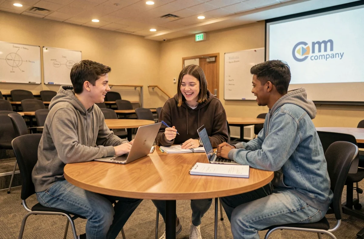 Groupe d'étudiants en alternance collaborant autour d'une table dans une salle de cours universitaire