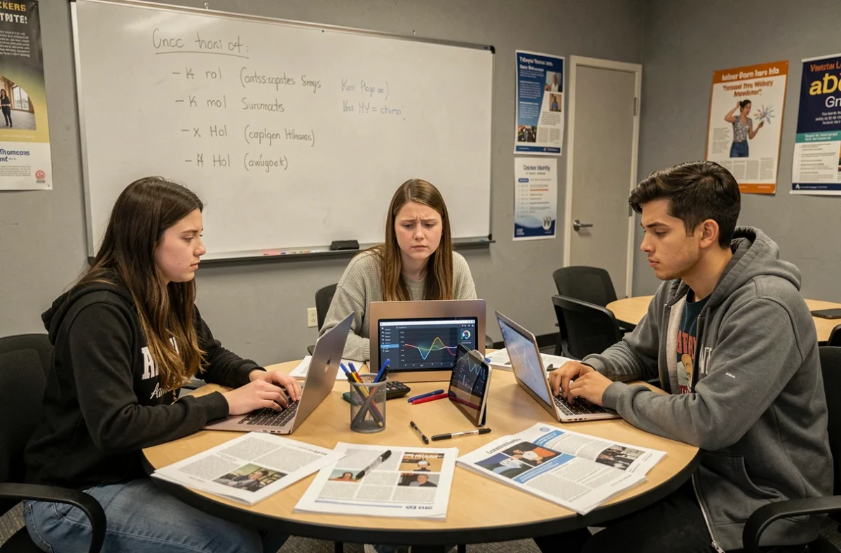 Groupe d'étudiants utilisant des outils d'IA en classe sans interaction entre eux, questionnant l'effet de l'intelligence artificielle sur l'apprentissage collaboratif et la pensée critique