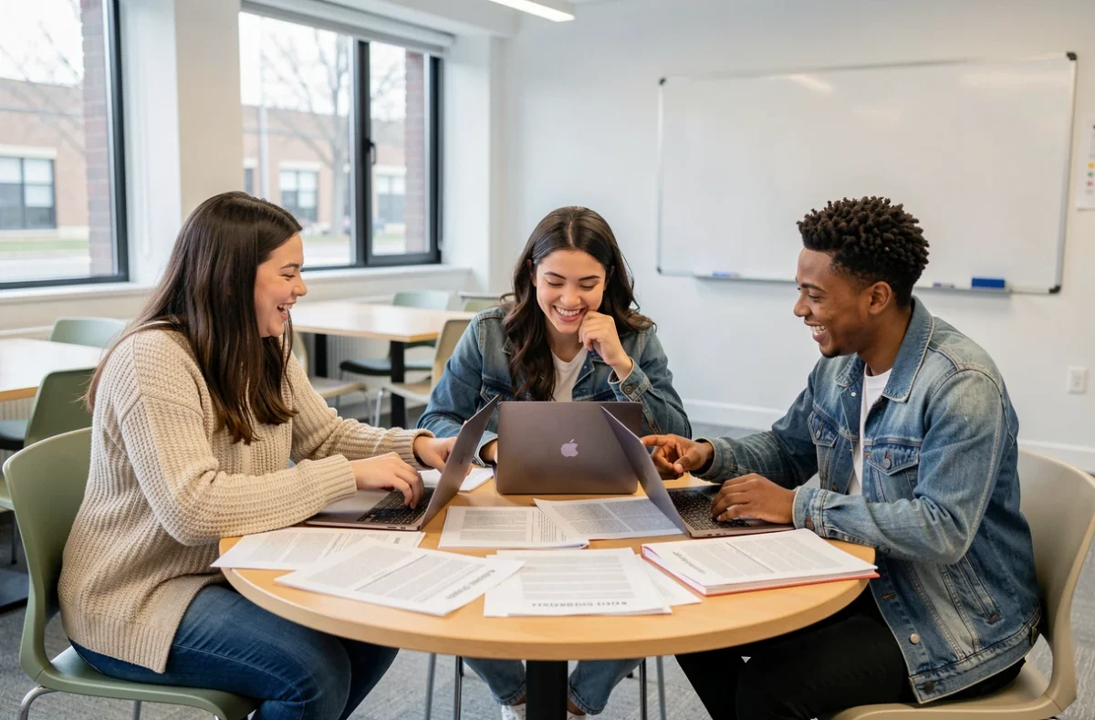 Groupe d'étudiants collaborant sur un programme de licence accélérée dans un espace universitaire moderne