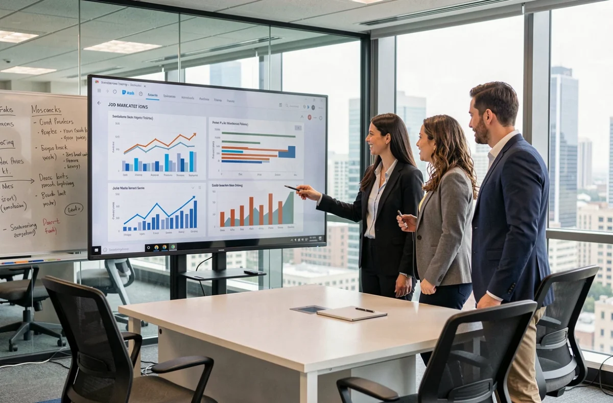 Groupe de professionnels analysant des données numériques et des tendances du marché de l'emploi lors d'une session de formation en entreprise