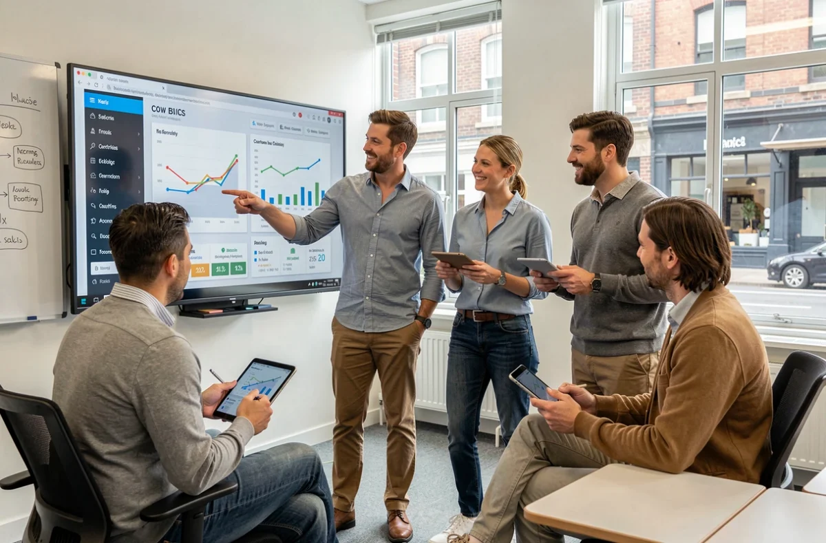 Groupe de professionnels en formation autour d'un écran interactif avec des données d'inscription aux formations
