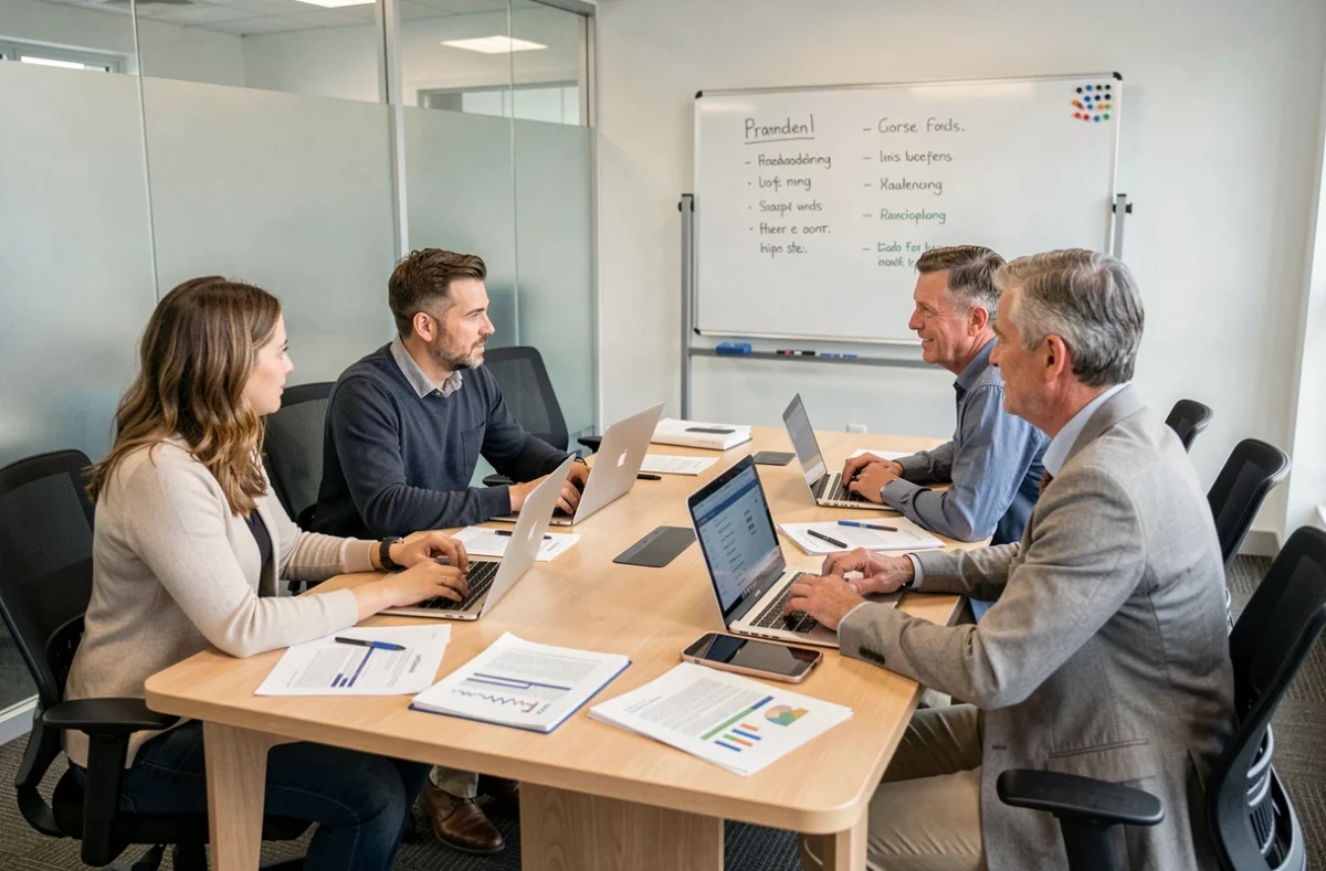 Groupe de salariés en session de formation professionnelle financée par le CPF dans une salle de réunion d'entreprise