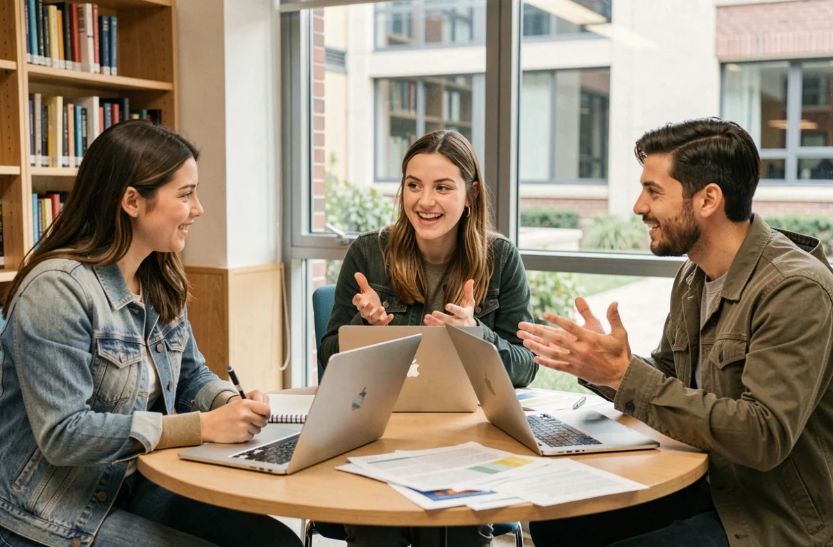 Groupe de jeunes alternants en discussion autour d'une table dans un espace universitaire moderne, symbolisant la formation en alternance
