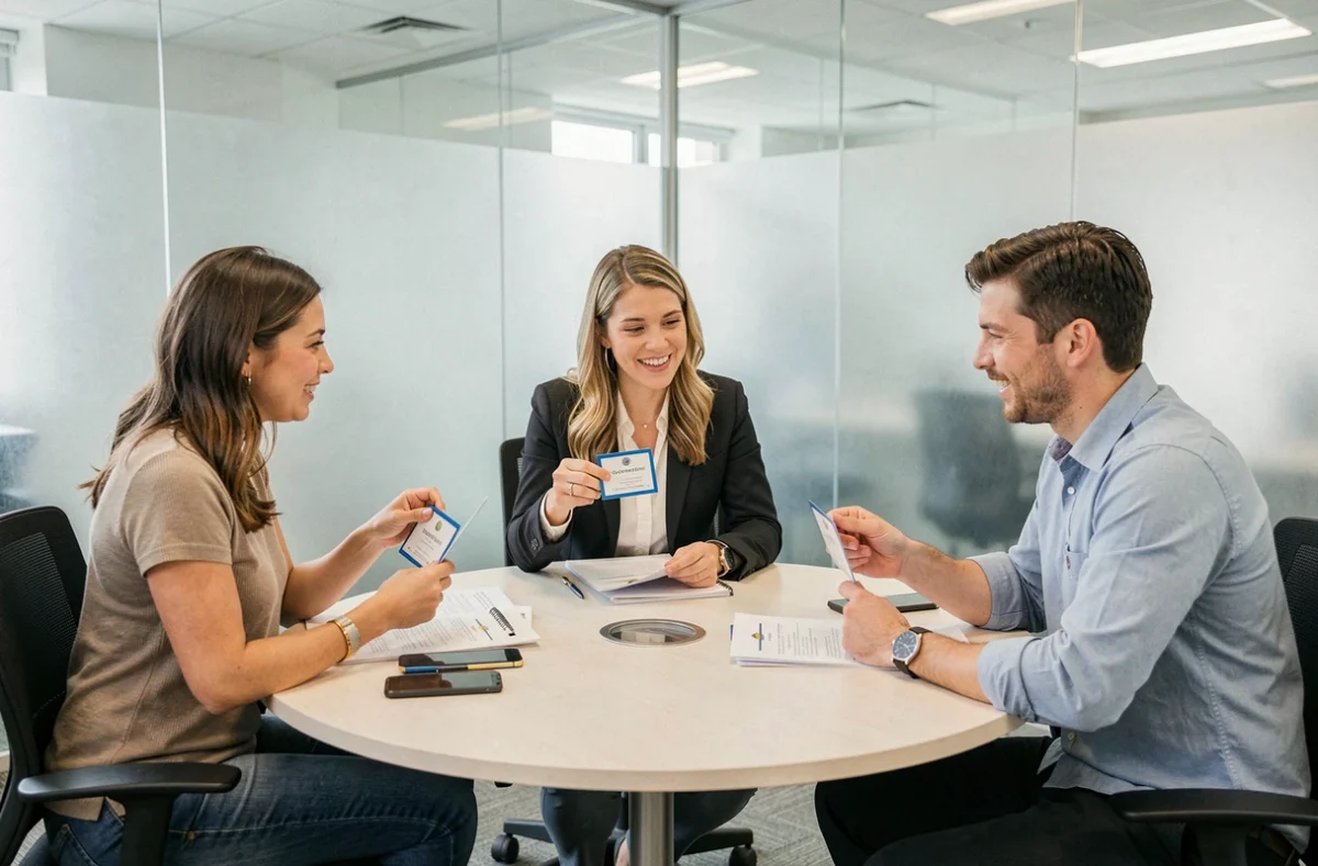 Groupe de professionnels discutant de certifications et de badges de compétences autour d'une table de réunion, représentant la montée en compétences collective sur le marché du travail