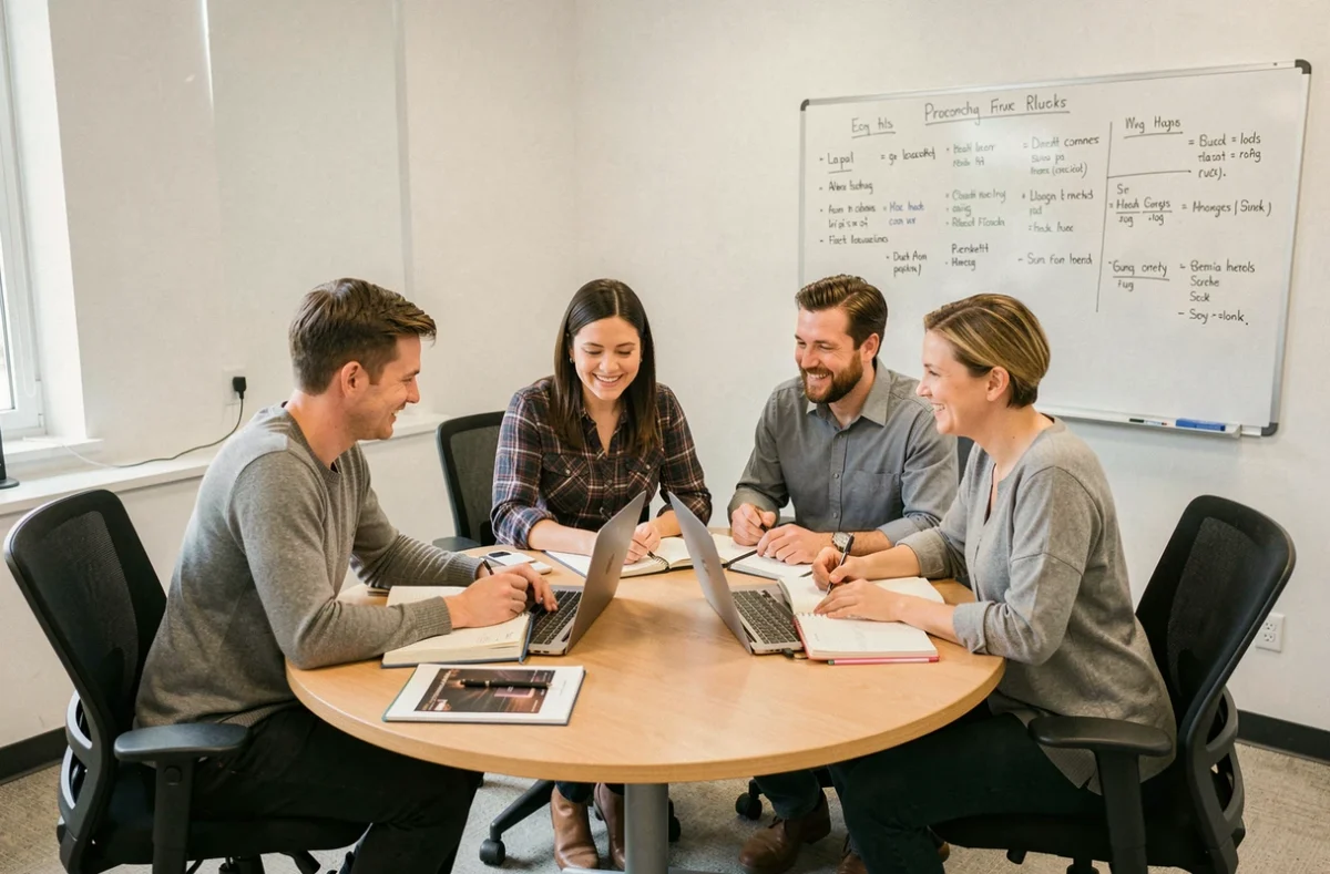 Groupe de candidats en reconversion professionnelle collaborant lors d'une session de préparation à la VAE