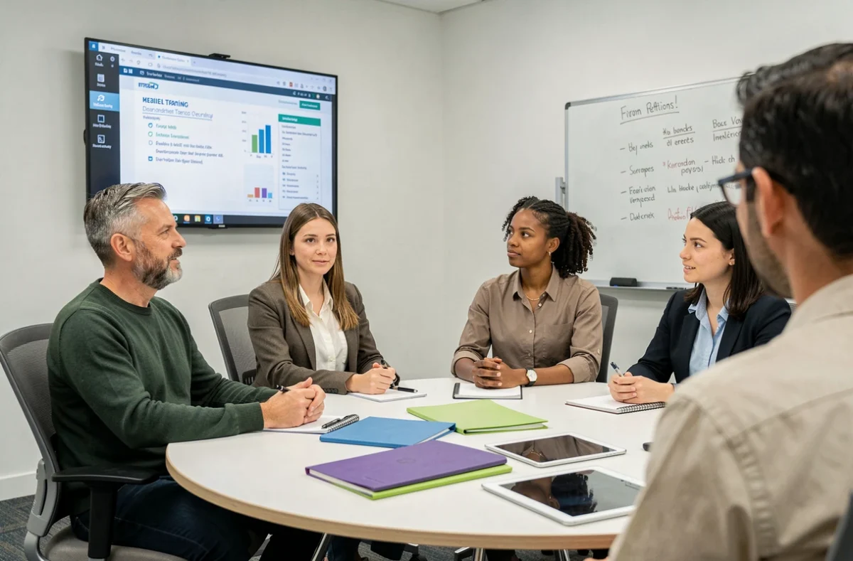 Groupe de salariés adultes participant à une session de formation professionnelle en salle avec un formateur