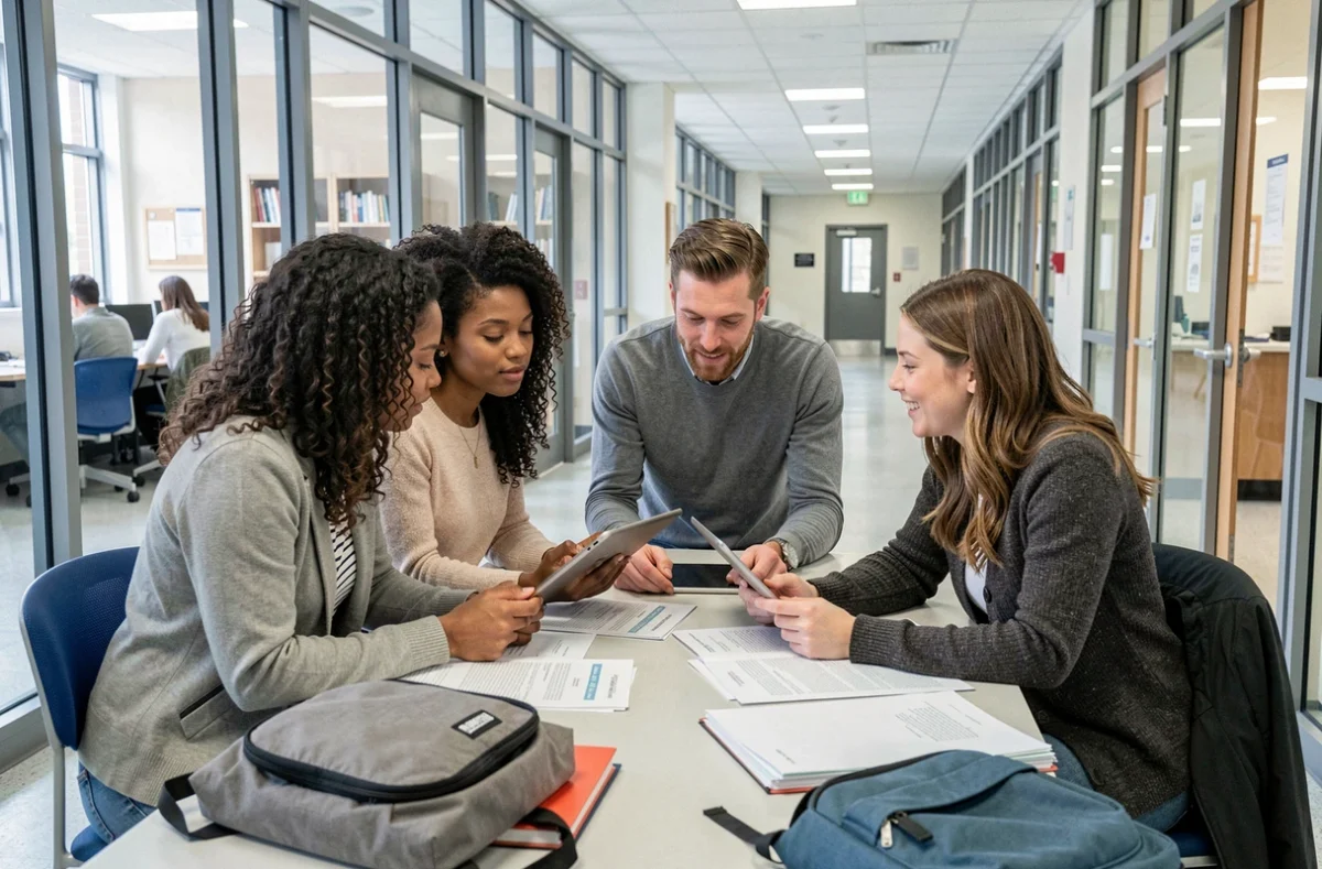 Groupe de stagiaires adultes échangeant sur leurs supports de formation courte dans un couloir universitaire