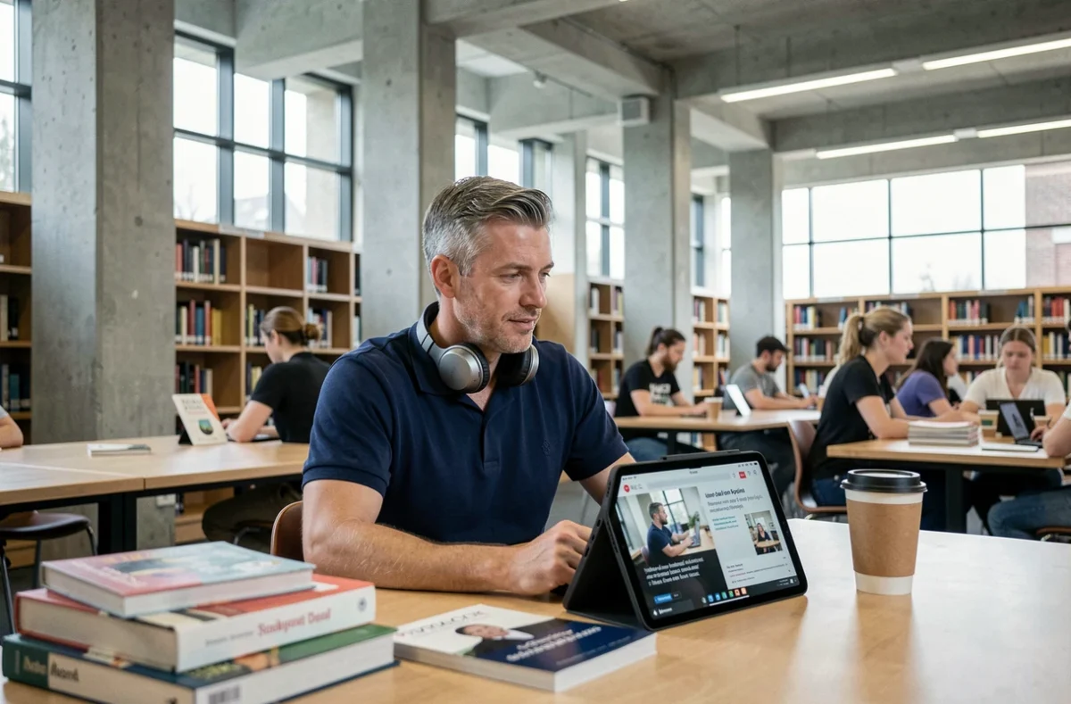 Un homme d'âge mûr consulte un cours universitaire en ligne sur une tablette dans une bibliothèque universitaire moderne