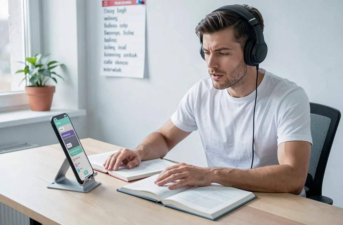 Homme adulte apprenant l'anglais gratuitement avec une application mobile et des écouteurs dans un bureau à domicile