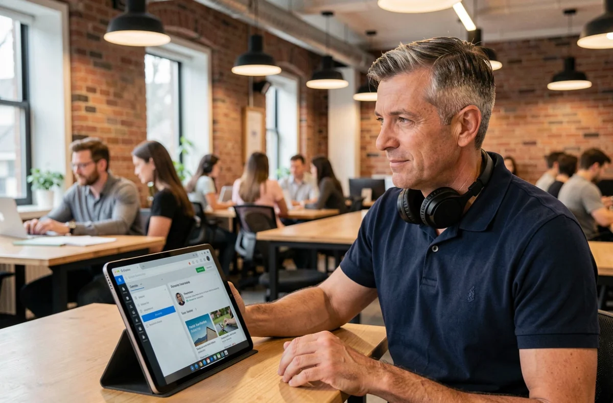 Homme en reconversion professionnelle utilisant une tablette pour suivre une formation en ligne dans un espace de coworking moderne
