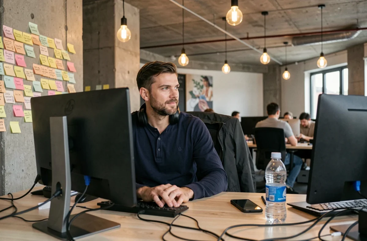 Homme en télétravail dans un espace de coworking avec double écran et casque audio