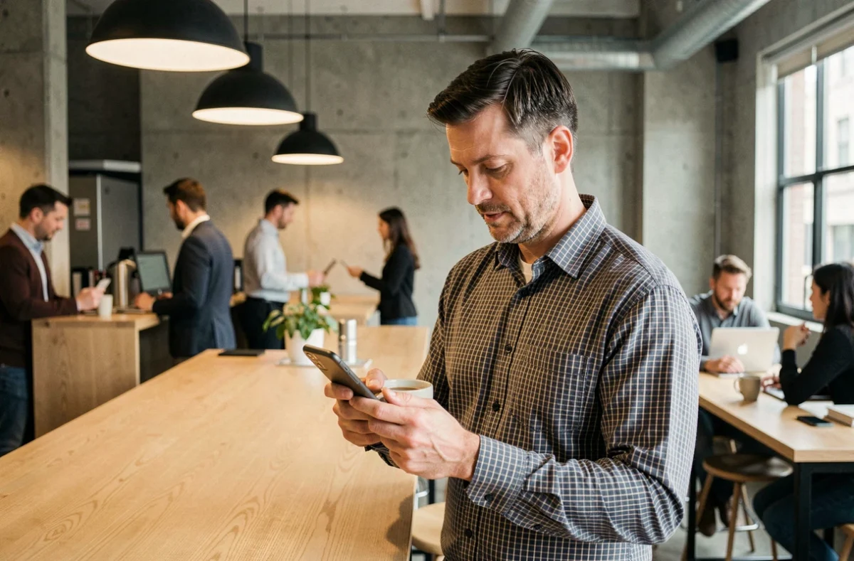Homme d'affaires consultant son CPF sur smartphone dans un espace de coworking moderne