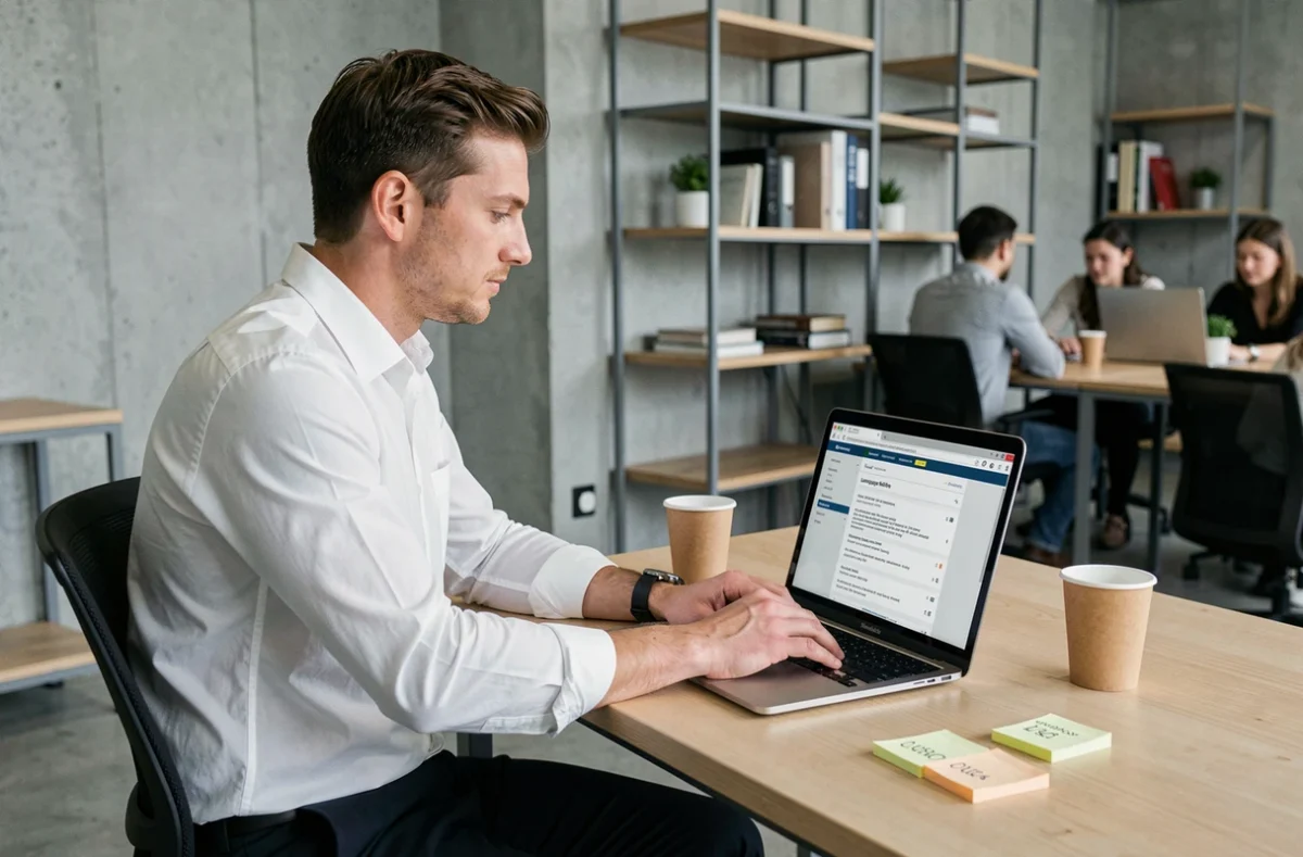 Jeune homme rédigeant son CV avec une section niveaux de langue visible sur un ordinateur portable dans un espace de coworking