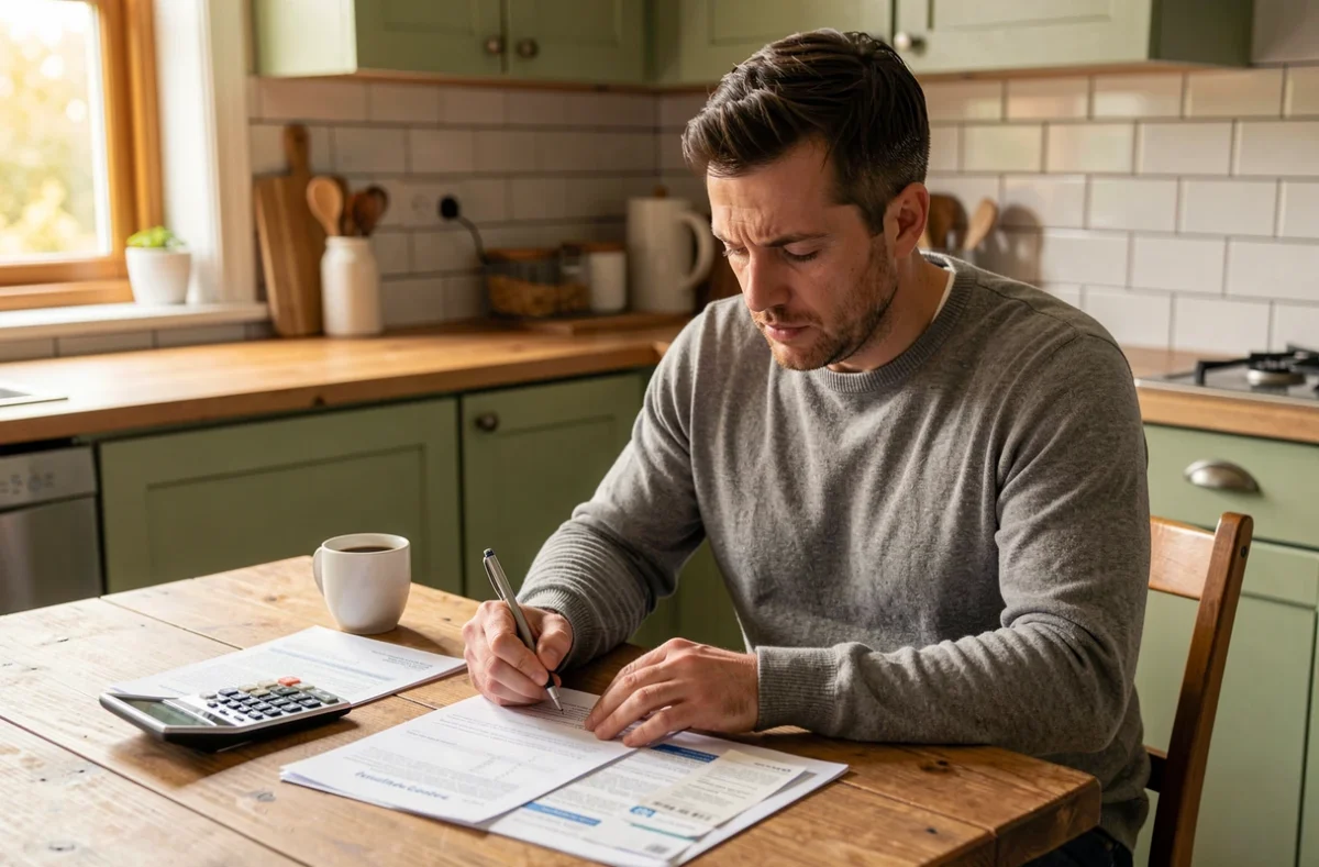 Homme remplissant sa déclaration d'impôts à domicile dans une cuisine chaleureuse, symbolisant la fiscalité des particuliers