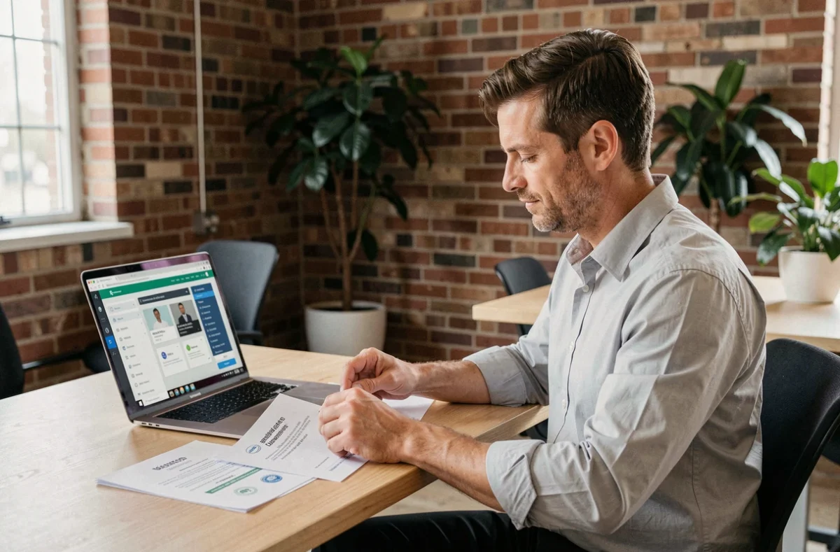 Homme consultant des documents de certification professionnelle dans un espace de coworking, illustrant la formation continue et le développement des compétences