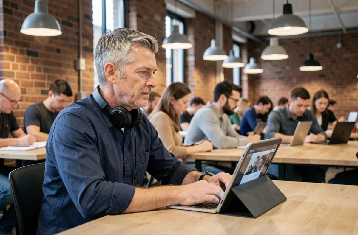 Homme adulte en formation à distance dans un espace de coworking, suivant un cours en ligne sur tablette