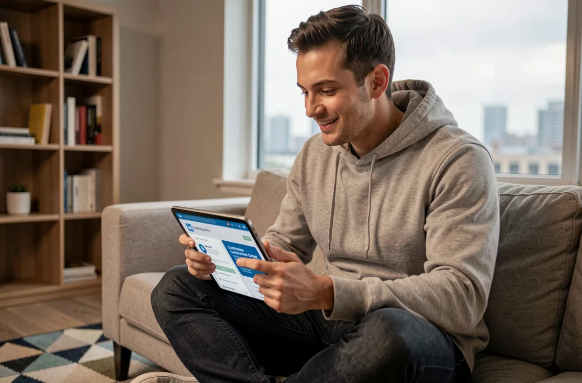 Jeune homme utilisant une tablette pour développer ses compétences numériques et optimiser son profil LinkedIn depuis son domicile