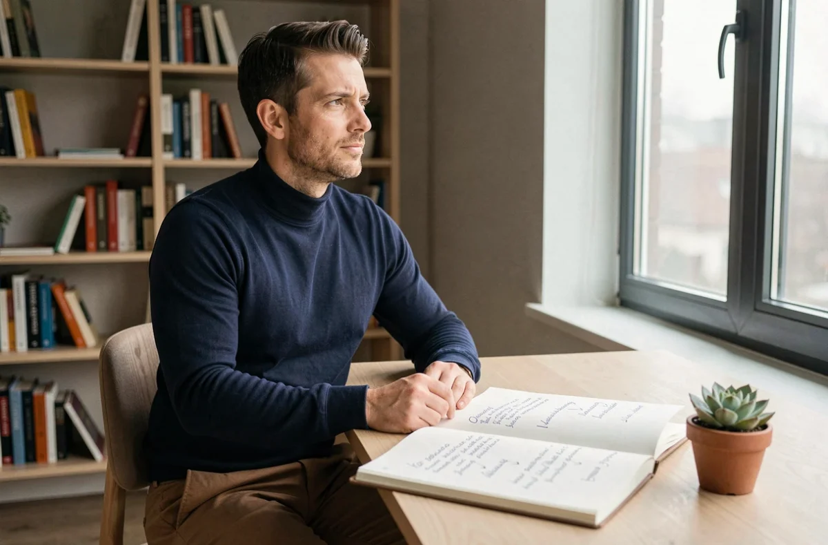 Homme écrivant ses objectifs dans un carnet dans un bureau minimaliste moderne, symbolisant la manifestation et l'intention