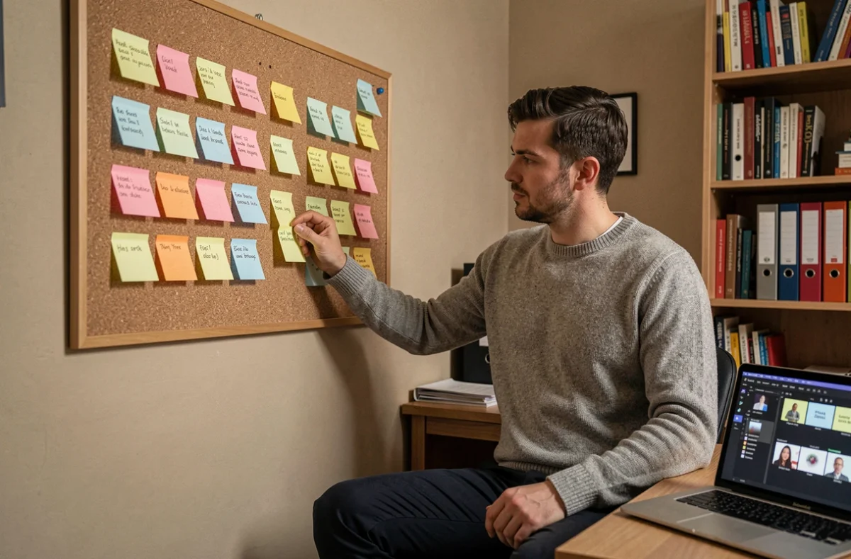 Homme organisant la structure d'une présentation avec des fiches et un tableau liège dans un bureau à domicile
