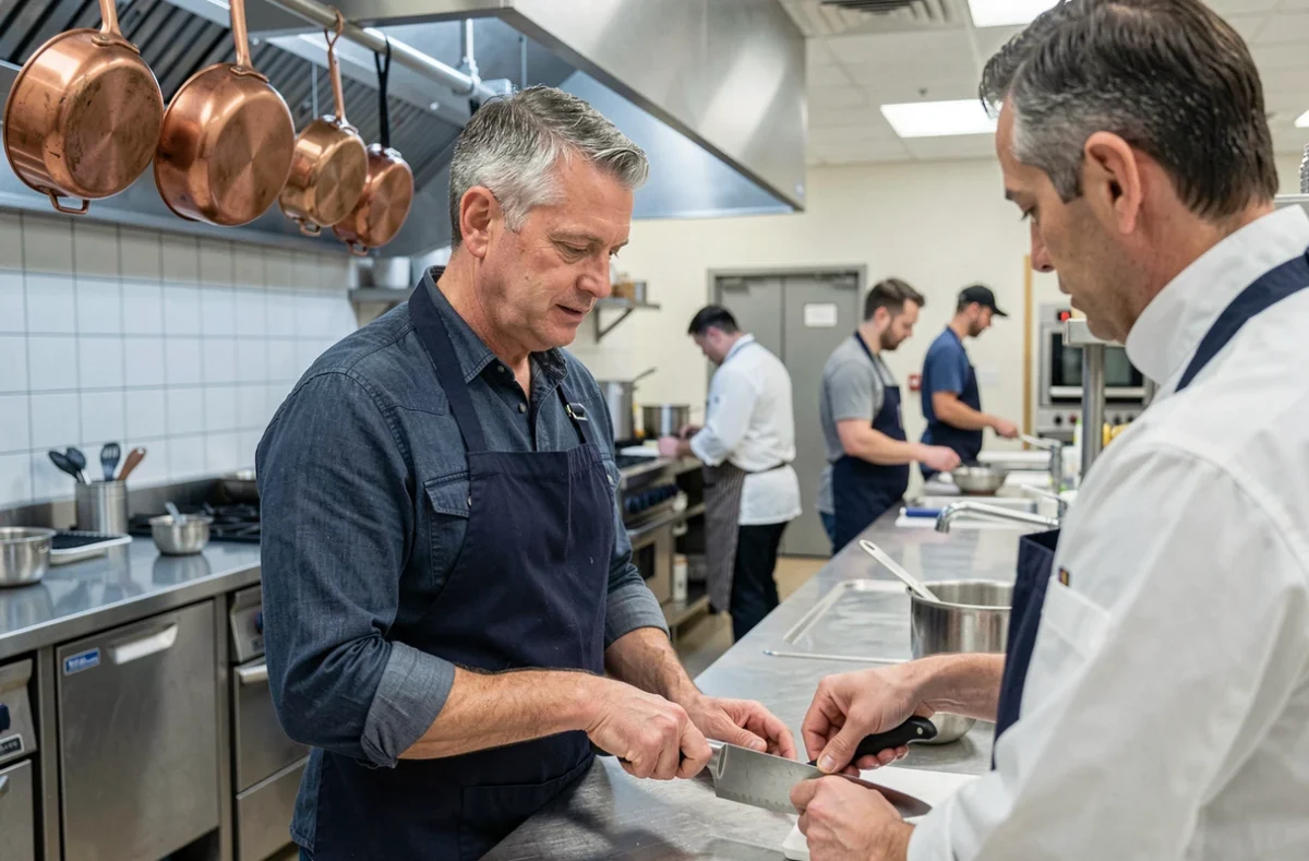 Homme adulte en reconversion professionnelle apprenant la cuisine dans une école culinaire professionnelle avec un chef instructeur