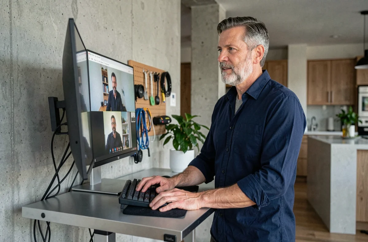 Homme en réunion virtuelle en télétravail depuis un espace de travail moderne et ergonomique à domicile