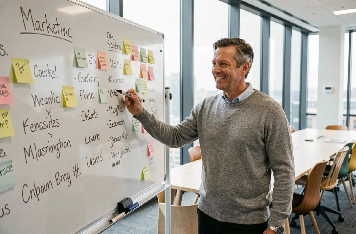 Homme présentant des phrases d'accroche marketing sur un tableau blanc en réunion