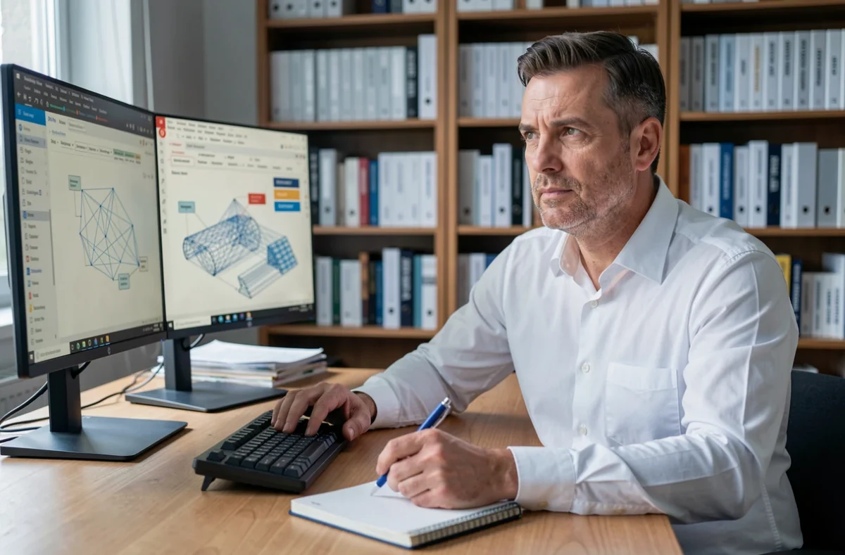 Homme concentré travaillant sur un projet SPOC devant un double écran dans un bureau à domicile