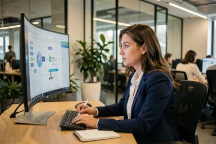 Une professionnelle en entreprise utilisant une interface d'apprentissage basée sur l'intelligence artificielle sur un écran incurvé dans un bureau moderne