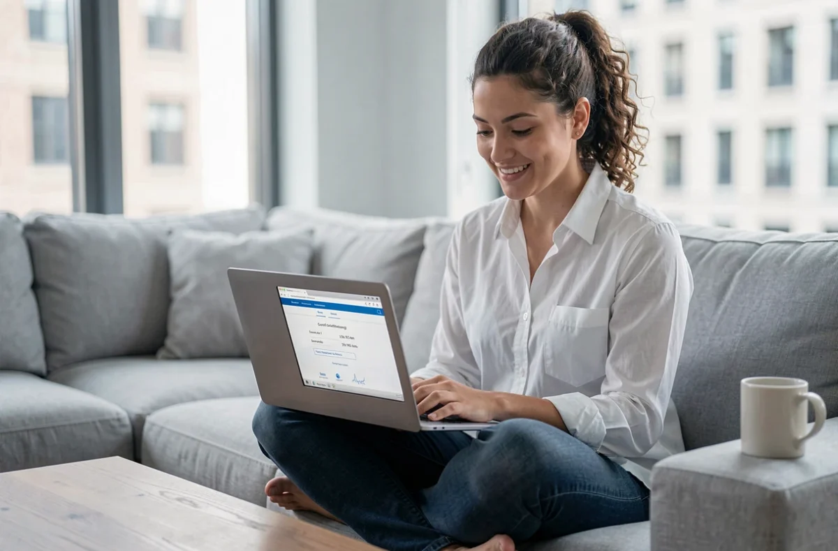 Jeune adulte souriant découvrant ses résultats de certification en ligne depuis son canapé, symbolisant la réussite d'une reconversion professionnelle par la formation à distance