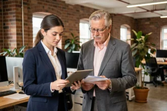 Jeune diplômée en alternance travaillant avec un mentor dans un bureau moderne, illustrant l'apprentissage professionnel