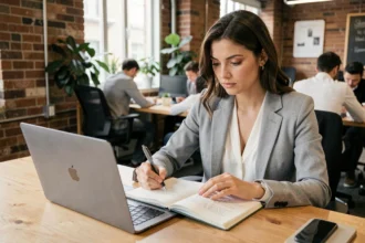 Jeune femme active préparant une formation certifiante dans un espace de coworking moderne