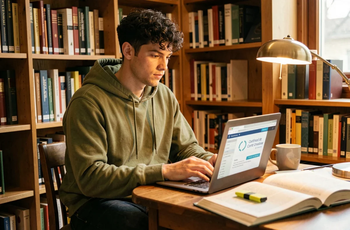 Jeune homme se formant en ligne dans une bibliothèque pour valider une certification professionnelle spécialisée