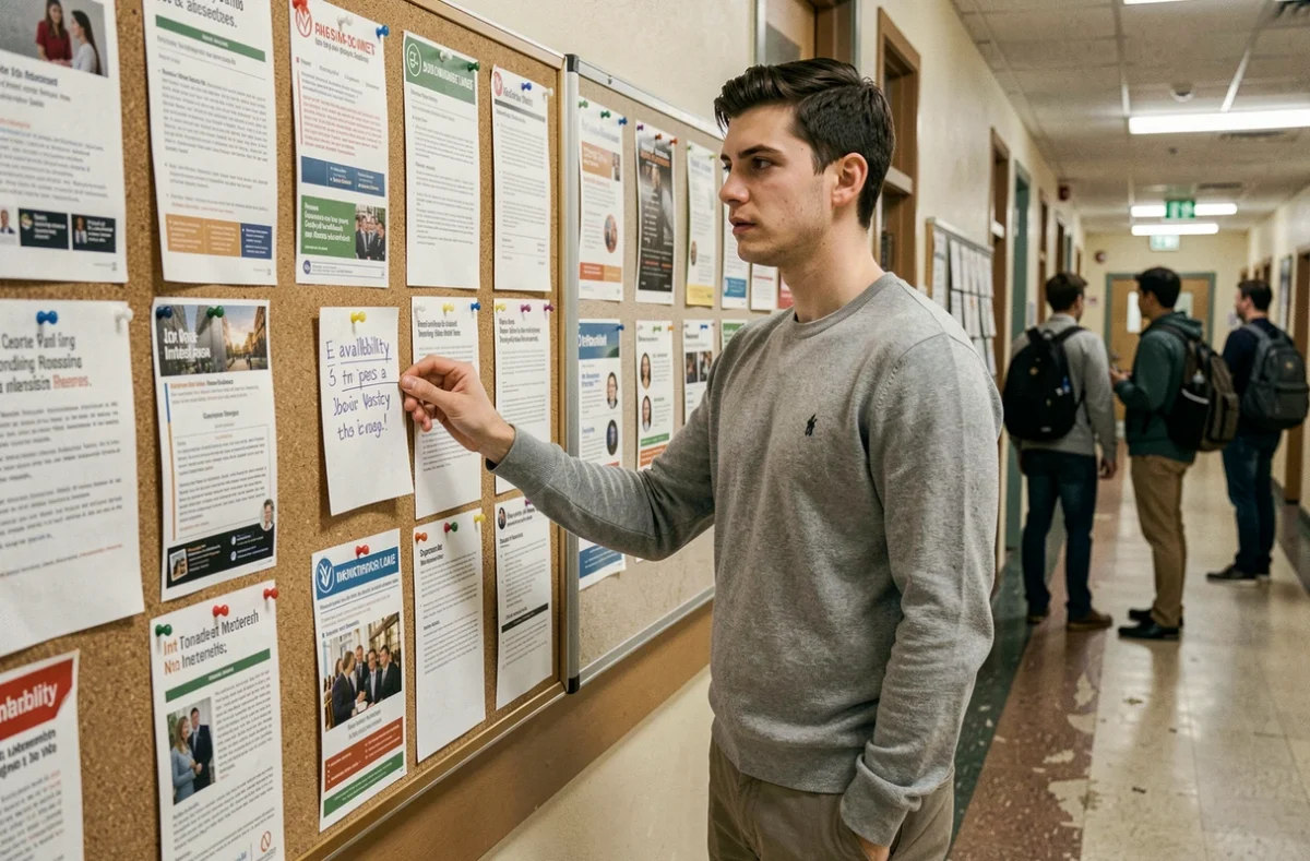 Jeune homme affichant une annonce sur un tableau d'offres de stage dans un couloir universitaire